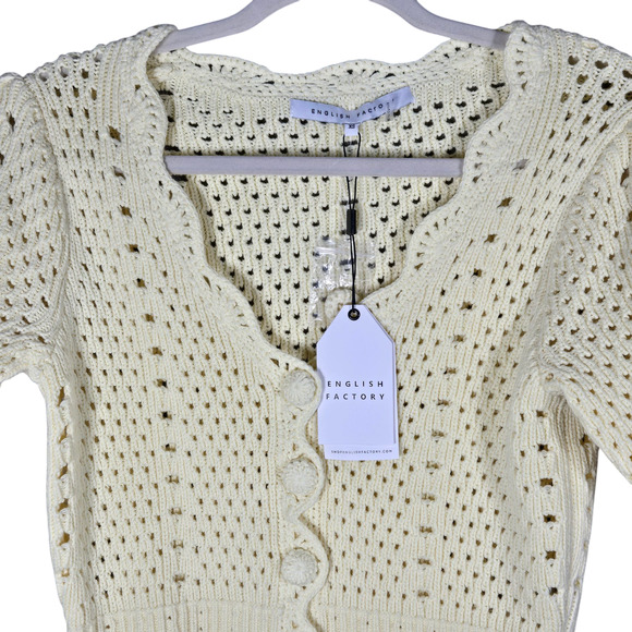 English Factory Cardigan Womens XSmall Pastel Yellow Crochet Cropped Scalloped - Picture 2 of 12